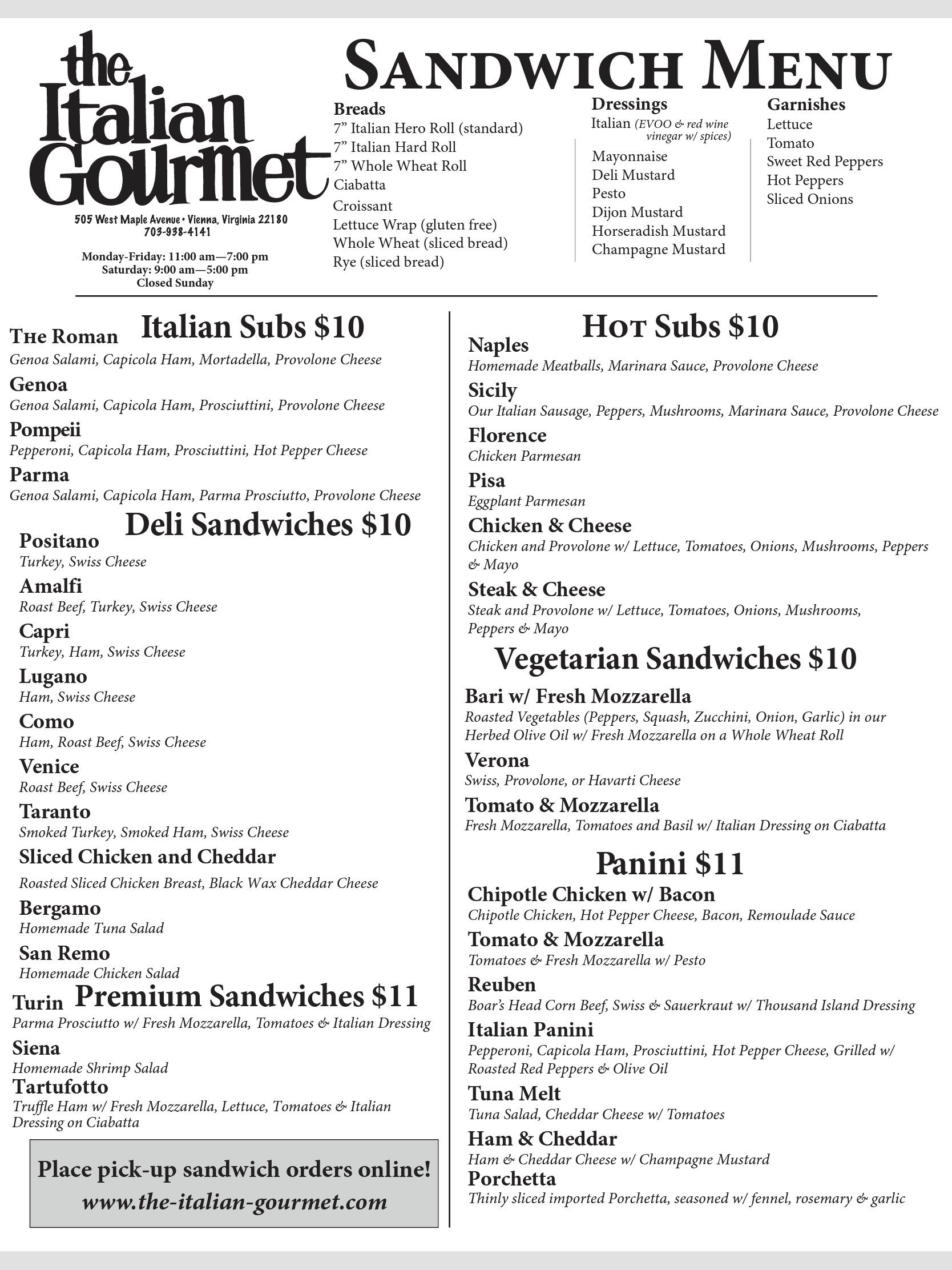 Sandwich Menu The Italian Gourmet